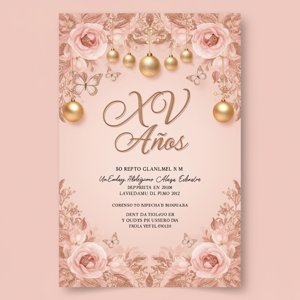 Invitación Rosa Dorado con flores y mariposas