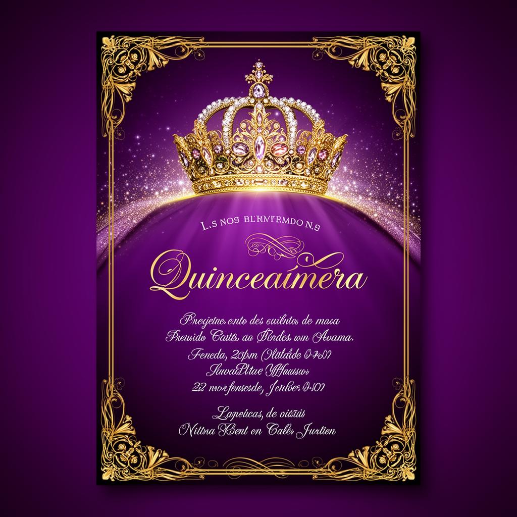 Invitación Real Púrpura con corona y marco dorado